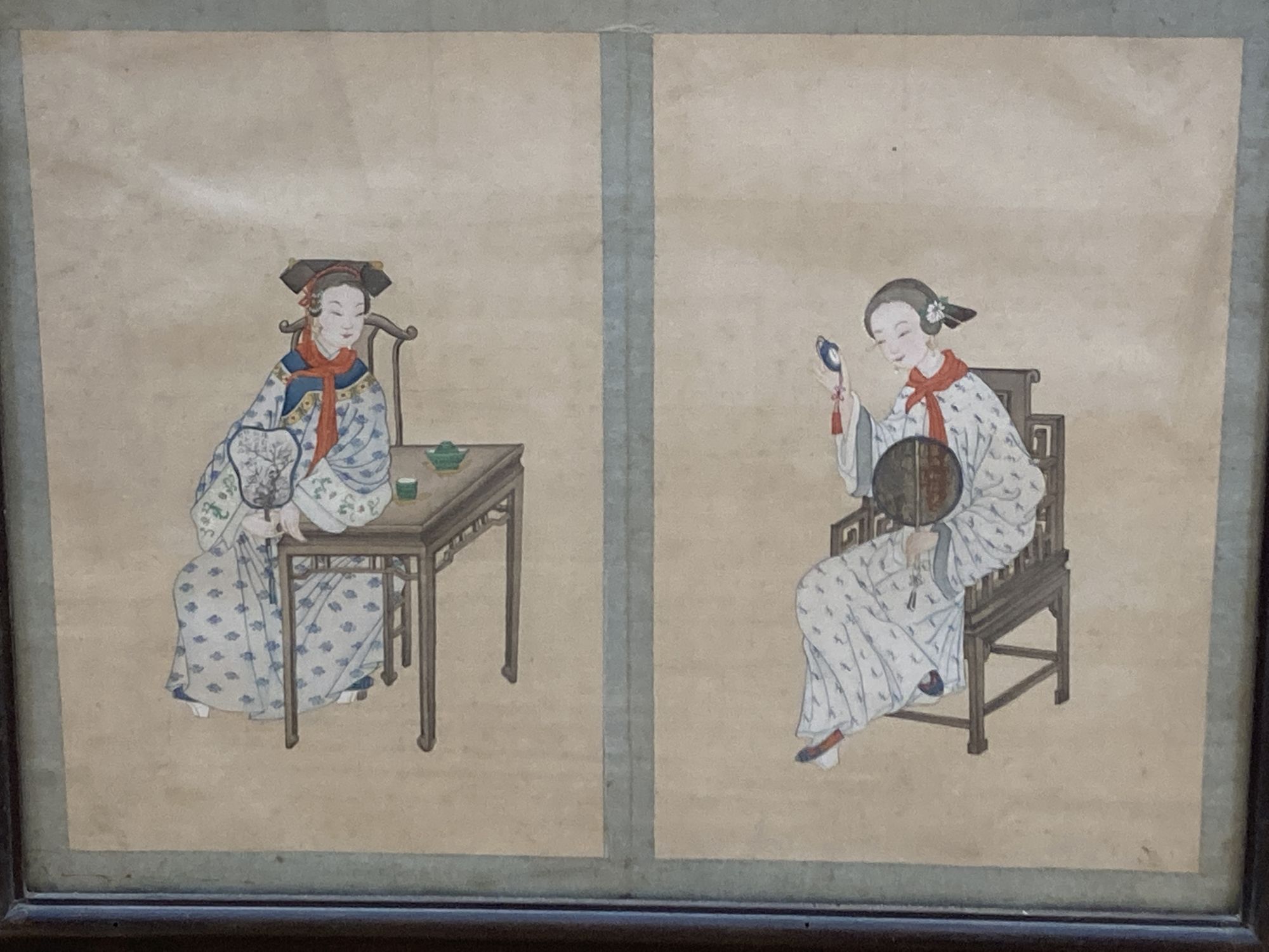 Chinese School c.1910, four gouache on silk, Designs for costume, late Qing, 28 x 19cm, mounted in two frames